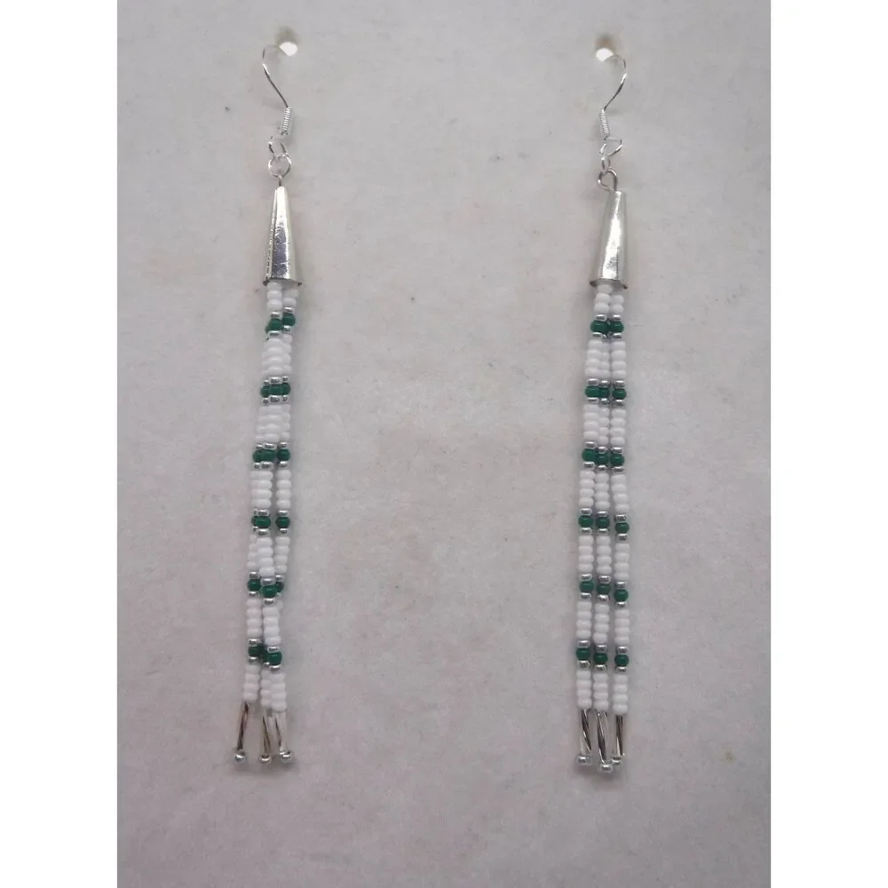 Earrings Beaded White, Green & Silver
